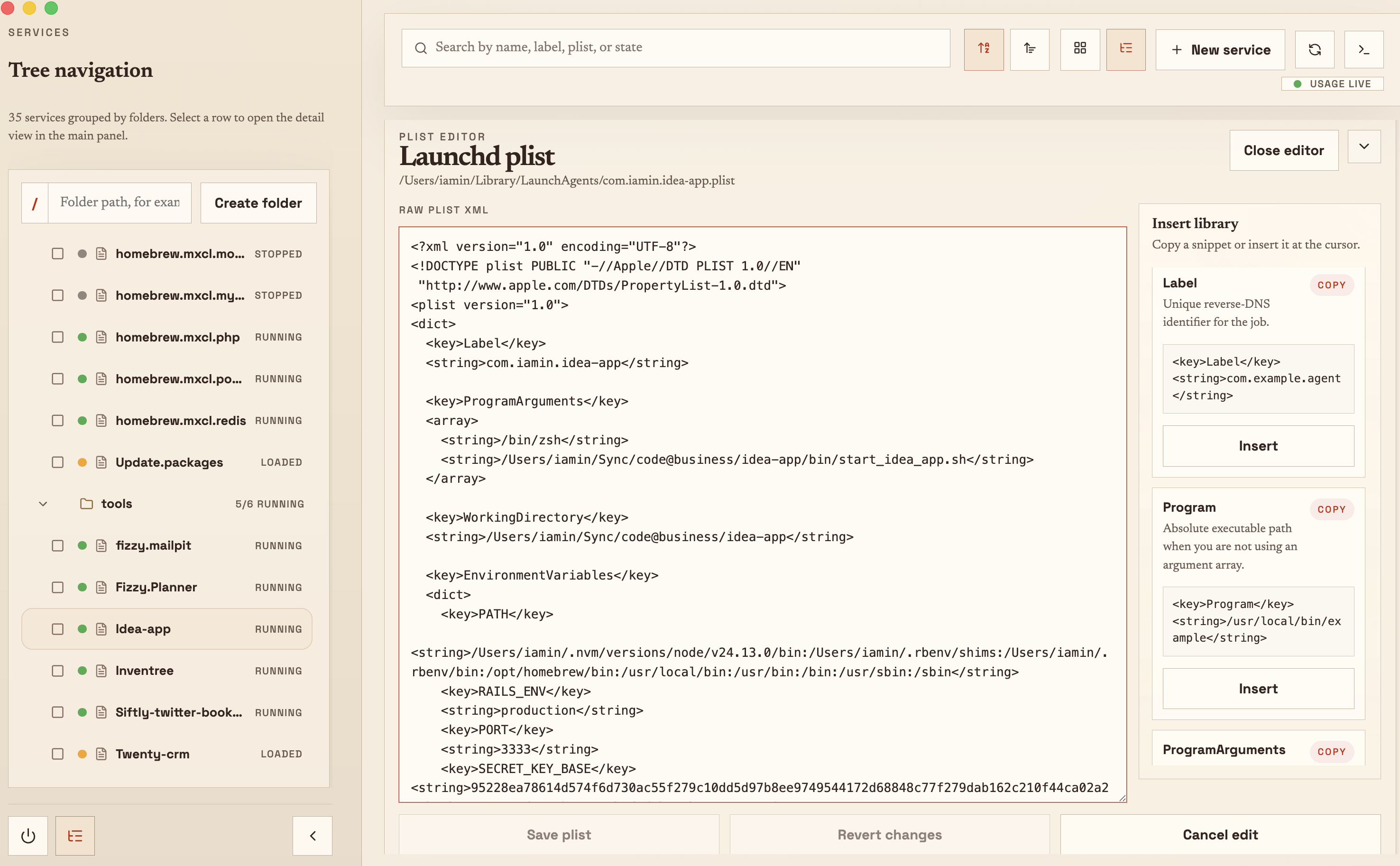 Plist editor with insert library