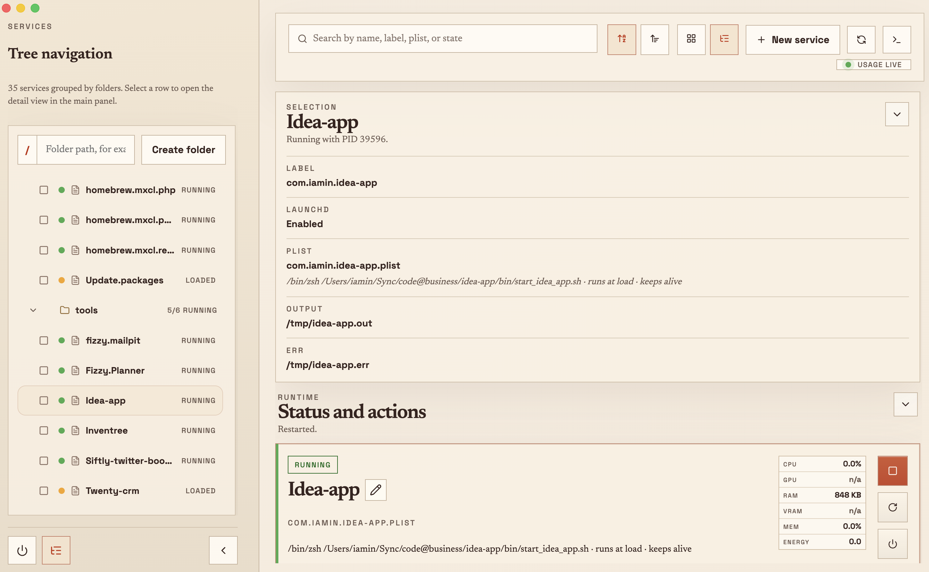 LaunchControl — service tree with per-service resource stats